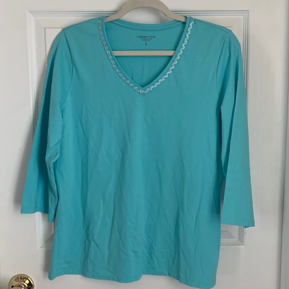 Coldwater Creek Turquoise 3/4 Cotton V-Neck Size Large